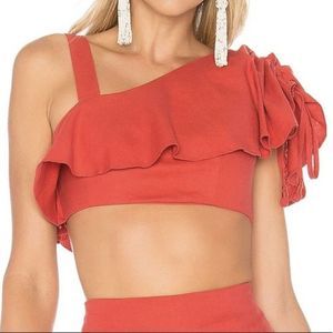 Tularosa Shirt Womens Small Red Ruffled One Shoulder Crop Top Ruched